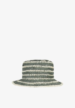 Gehaakte bucket hat met afwisselende donkergroene en gebroken witte horizontale strepen en een flexibele brede rand.