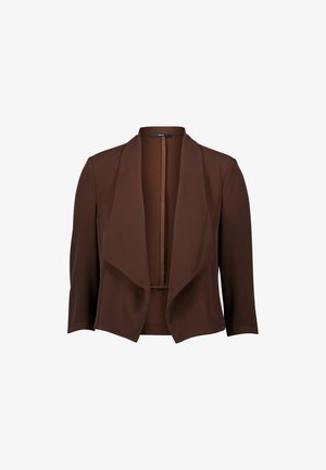 Brown, lightweight, open-front jacket with three-quarter sleeves, featuring a draped collar and smooth texture. Minimalist design without fastenings.