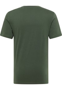 T-shirt à manches courtes vert foncé en tissu doux. Présente un dos simple et sobre avec un col rond classique et un ourlet droit.