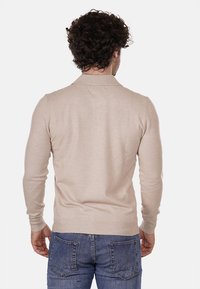 Pull in beige a maniche lunghe con colletto, design aderente, polsini e orlo a costine. Indossato con jeans in denim blu, visto da dietro.