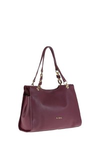 Borsa a mano in pelle bordeaux con superficie texture, hardware in tonalità oro e doppio manico. Design spazioso con ampia apertura e forma definita.