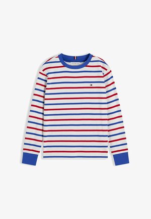 Chemise blanche à manches longues avec des rayures horizontales rouges et bleues alternées, col et poignets bleus, et petit logo rectangulaire sur la poitrine.