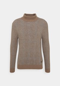 Brauner Strickpullover mit hohem Rollkragen, strukturiertem Muster und gerippten Bündchen. Einfaches Design, leichtes Material.