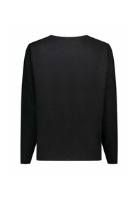 Maglione nero lavorato a maglia, con maniche lunghe e scollo rotondo. Tessuto liscio con una vestibilità comoda, caratterizzato da un design semplice e a tinta unita.