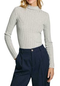 Siv pulover s rebrastim vzorcem in visokim ovratnikom z dolgimi rokavi, izdelan iz mehkega blaga, v kombinaciji z mornarsko modrimi hlačami na visoki pas s črtami in gumbom.