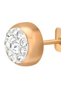 L'orecchino a stud in oro rosa presenta una forma rotonda con un insieme di cristalli trasparenti su una superficie lucida, creando un design testurizzato.