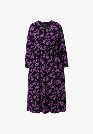 Zwart lange mouw jurk van stof met een paarse bloemenprint, met een ronde halslijn en een licht uitlopende, geplooide taille.