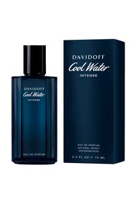 Profumo Davidoff Cool Water Intense in una bottiglia di vetro blu scuro con un tappo nero, accompagnato da una scatola di cartone blu coordinata.