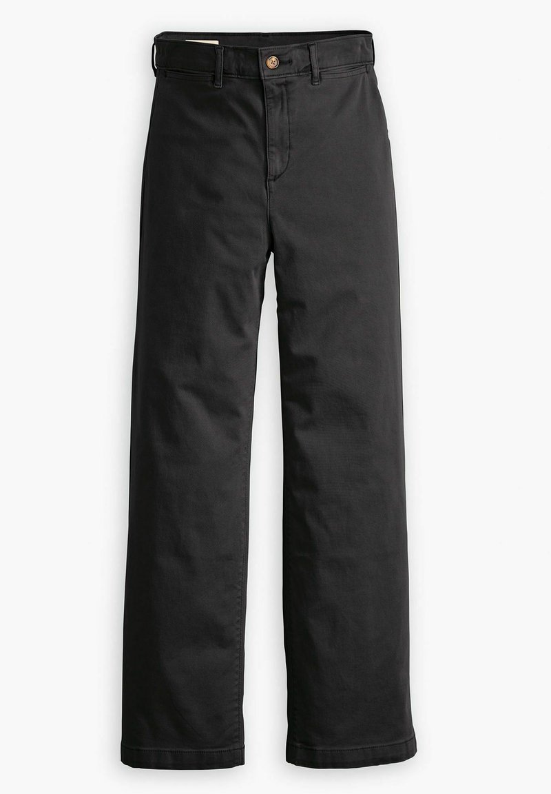 Pantaloni in cotone nero misto con un design a gamba dritta, dotati di chiusura frontale con bottone e di dettagli cuciti sottili sulle tasche.