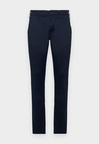 Pantalones de algodón azul marino con un diseño de pernera recta, cinturilla estándar y estilo de cinco bolsillos. Textura suave con un detalle de costura mínimo.