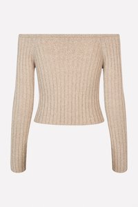 Pulover scurt cu mânecă lungă, de culoare bej, cu țesătură cu nervuri, care se poartă deasupra umerilor, cu siluetă ajustată și material texturat.