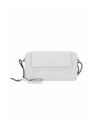 Bracelet rectangulaire en cuir blanc avec poche avant à rabat et bandoulière amovible, conçu pour transporter les petites nécessités.