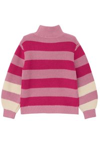 Strickpullover mit kräftigen Streifen in Pink- und Cremetönen, hochgeschlossen mit Ballonärmeln. Gerippte Bündchen und Saum.
