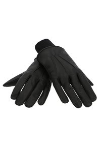 Schwarze Lederhandschuhe mit glatter Textur, Fingersäumen und einem gerippten Strickbund für einen sicheren Sitz. Klassisches Design für den Einsatz bei kaltem Wetter.