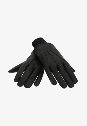 Guantes de cuero negro con una textura suave, costuras en los dedos y un puño de punto acanalado para un ajuste seguro. Diseño clásico para su uso en climas fríos.