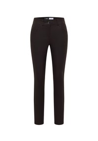 Zwarte slim-fit broek gemaakt van rekbaar materiaal, met een knoopsluiting, twee voorzakken en een gladde textuur.