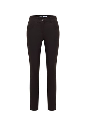 Czarne slim-fit spodnie wykonane z elastycznego materiału, z zapięciem na guzik, dwoma przednimi kieszeniami i gładką fakturą.