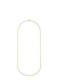 Gold-tone metal necklace featuring a fine chain design with a smooth, round clasp. The chain is uniform in thickness and length.