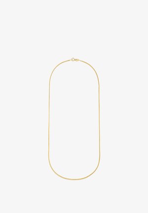 Gold-tone metal necklace featuring a fine chain design with a smooth, round clasp. The chain is uniform in thickness and length.