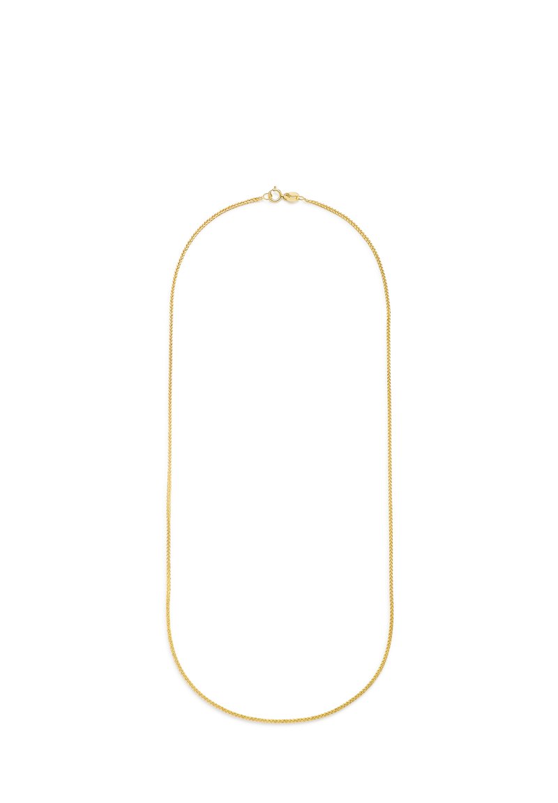 Gold-tone metal necklace featuring a fine chain design with a smooth, round clasp. The chain is uniform in thickness and length.