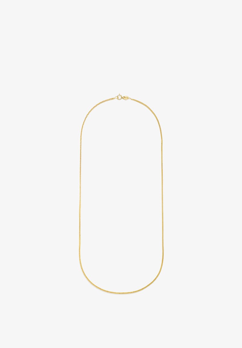 Gold-tone metal necklace featuring a fine chain design with a smooth, round clasp. The chain is uniform in thickness and length.