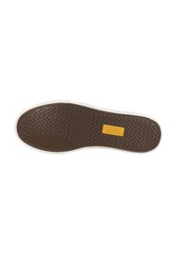 Semelle en caoutchouc marron avec un motif en zigzag et un bord blanc. Étiquette de marque jaune "camel active" près du talon. Texturée pour l'adhérence.