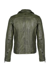 Mørkegrøn læderjakke set bagfra med syninger, en krave og lynlåse på ærmekanterne.