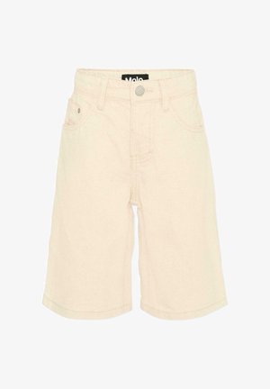 Beige denim short met hoge taille, voorknopen, riemlussen, voorzakken en een zwart merkembleem aan de binnenkant van de tailleband.