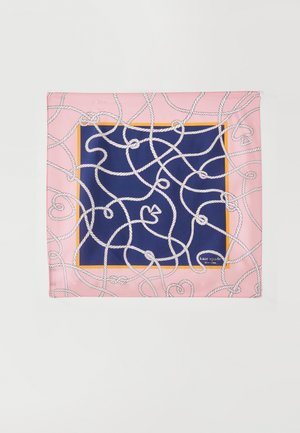 Silk scarf featuring a pink border and a central navy square, adorned with white rope patterns and an orange accent. Brand logo visible.