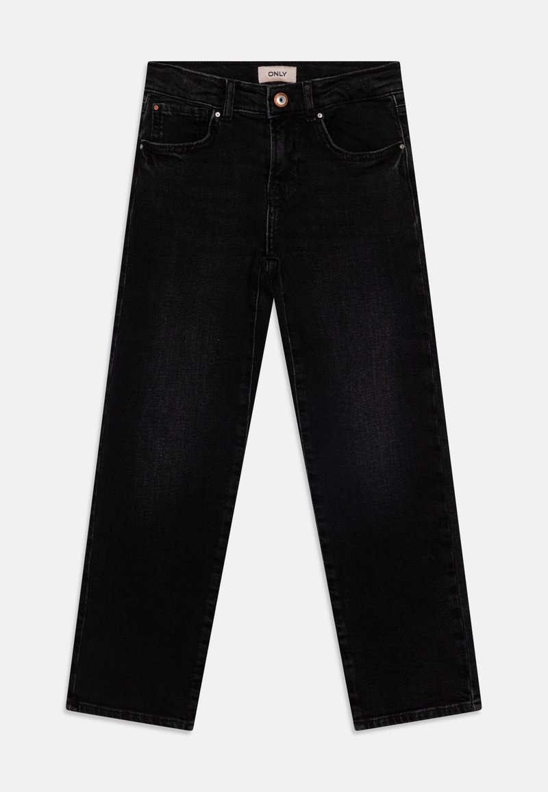 Svarta denimjeans med rak bendesign, fem fickor och knappstängning. Tyget har en slät yta och minimal blekning.