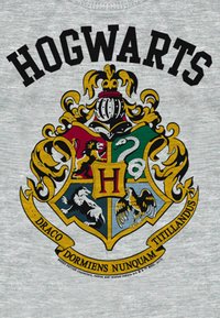 Gray fabric featuring the Hogwarts crest, with a lion, snake, eagle, and badger in vibrant colors. Text reads "HOGWARTS" above the crest.