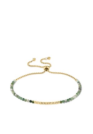 Adjustable gold bracelet with green and white round beads and small gold hexagonal beads on a white background.