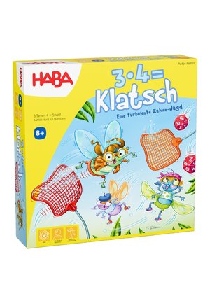 Spieleschachtel mit einem hellgelben Hintergrund, Cartoon-Insekten mit übertriebenen Merkmalen und roten Fischernetzen. Text: "3 · 4 = Klatsch."