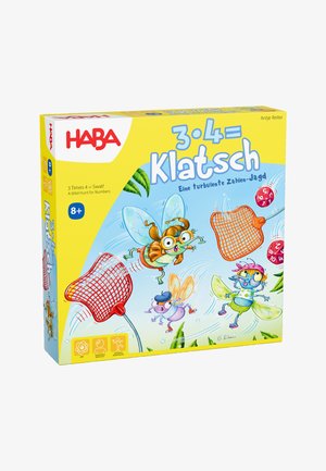 Board game box featuring a bright yellow background, cartoon insects with exaggerated features, and red fishing nets. Text: "3 · 4 = Klatsch."