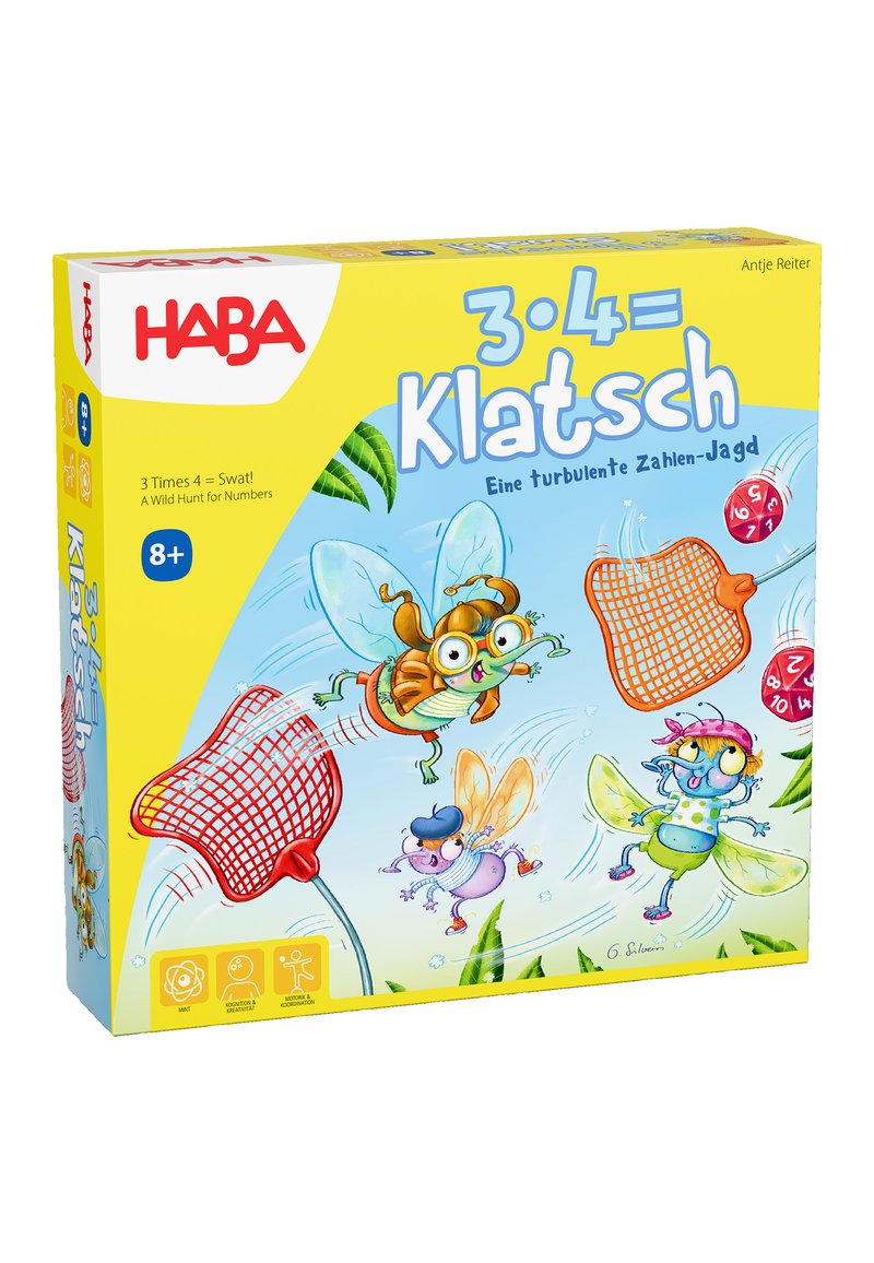 Bordspeldoos met een heldergele achtergrond, cartooninsecten met overdreven kenmerken en rode visnetten. Tekst: "3 · 4 = Klatsch."