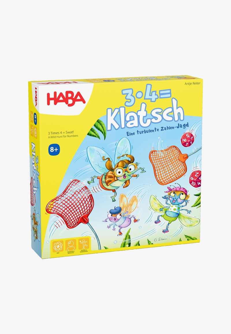 Bordspeldoos met een heldergele achtergrond, cartooninsecten met overdreven kenmerken en rode visnetten. Tekst: "3 · 4 = Klatsch."