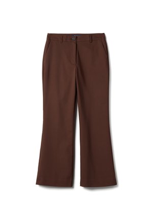 Pantalon marron à jambes droites avec fermeture à bouton et zip, poches avant et passants pour ceinture, présenté à plat sur un fond blanc.