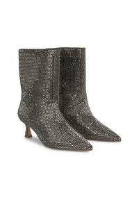 Glitzernde silberne Knöchelstiefel mit spitzer Zehe und einem Lederabsatz. Mit einem netzartigen Design aus kleinen metallischen Quadraten.