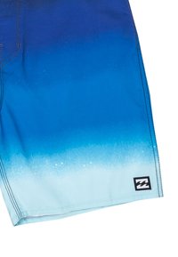 Costumi da bagno con gradiente blu che varia dalle tonalità scure del blu navy fino al chiaro acquamarina. Presentano cuciture e una piccola etichetta logo sull'orlo.