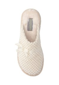 Slipper a maglia di colore crema con una morbida fodera in ecopelliccia, gonna decorativa e punta rotonda. La superficie testurizzata aggiunge dimensione.