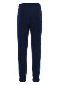 Marineblauwe sweatpants met een elastische tailleband, taps toelopende benen en ribbelmanchetten. Gemaakt van zachte, gestructureerde stof, met contrasterende zijpanelen.