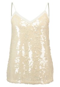 Glittrig camistopp i krämfärg. Har en V-ringning, justerbara axelband och en skimrande, texturerad yta med cirkulära paljetter.