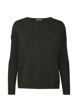 Suéter de punto gris oscuro con cuello redondo, mangas largas y textura acanalada. Presenta un diseño sencillo sin patrones ni detalles.