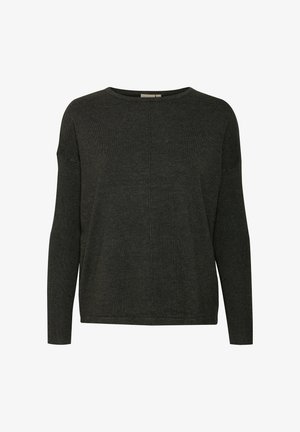 Ciemnoszary sweter pleciony z okrągłym dekoltem, długimi rękawami i prążkowaną teksturą. Posiada prosty design, bez wzorów czy akcentów.