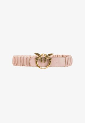 Ceinture en cuir rose froncé avec boucle circulaire dorée présentant deux oiseaux détaillés se faisant face.