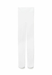 Weiße Leggings aus dehnbarem Stoff, mit einem breiten Bund und einer glatten Textur, ohne sichtbare Nähte oder Muster.