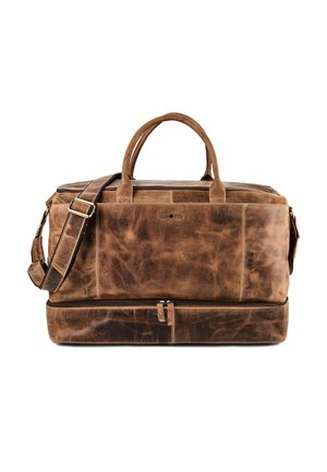 Braune, abgenutzte Leder-Reisetasche mit zwei Griffen, verstellbarem Schultergurt und einem unteren Reißverschlussfach für zusätzlichen Stauraum.