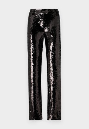 Pantalons noirs en sequins avec une coupe droite, présentant une texture brillante et une surface scintillante qui reflète la lumière. Pas de fermetures visibles.