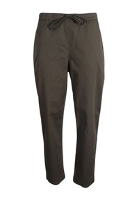 Pantaloni leggeri marroni con vita elastica alta, vestibilità tapered e tasche laterali. Texture liscia, senza motivi o accessori visibili.