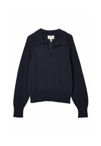 Marineblauer Strickpullover mit Kragen, langen Ärmeln und lässiger Passform. Verfügt über seitliche Paneeldetails sowie gerippte Abschlüsse an Saum und Ärmeln.